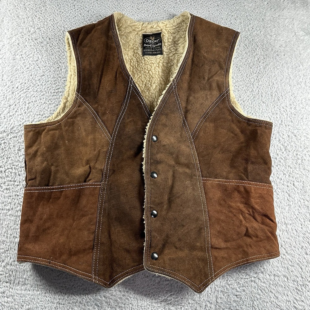 VINTAGE Cooper‎ Leather Suede Vest Sherpa Lined Mens Medium Brown Western